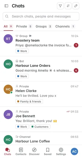 The chat list with tabs and folder labels on Android