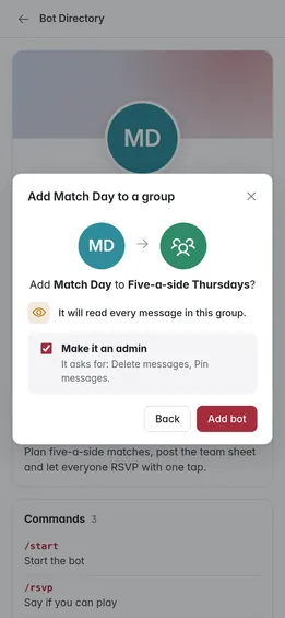 Adding a bot to a group, with what it will read and the admin rights it asks for