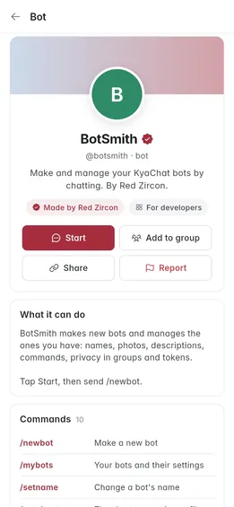 The BotSmith profile with Start, Add to group and what it can do