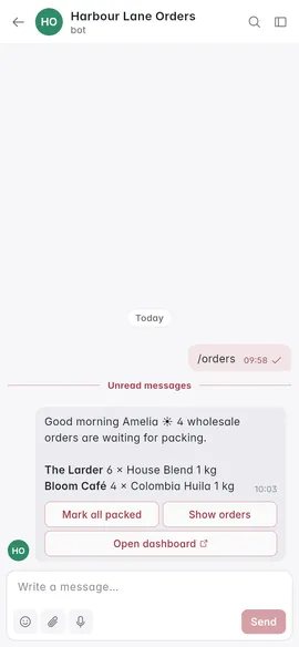 A bot message listing orders, with buttons under it
