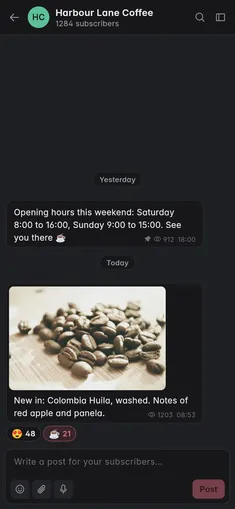 A channel post in dark mode