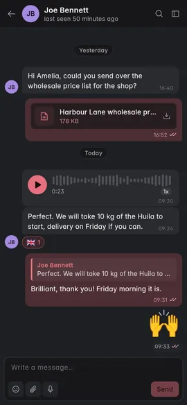 A chat with a file, a voice note and a reply
