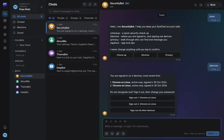 SecurityBot listing signed-in devices with sign out buttons