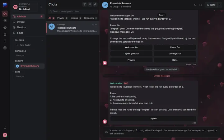 WelcomeBot in a group with the welcome message, the rules and the I agree button