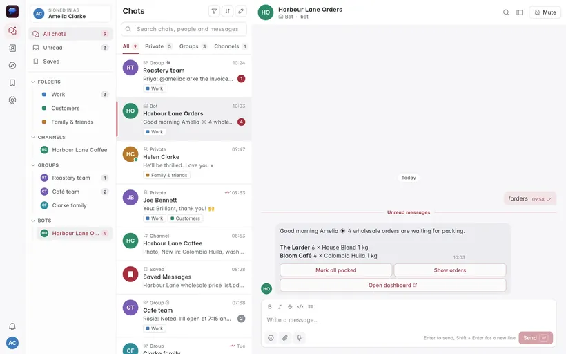 A bot conversation on a computer with buttons under the message