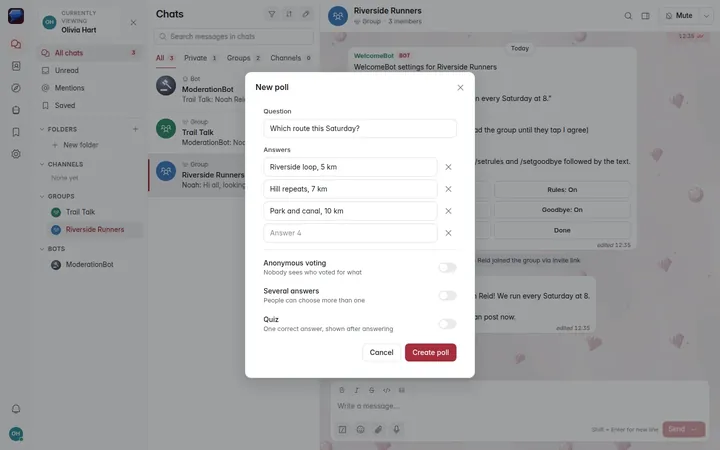 The New poll dialog with a question, answers and the voting options