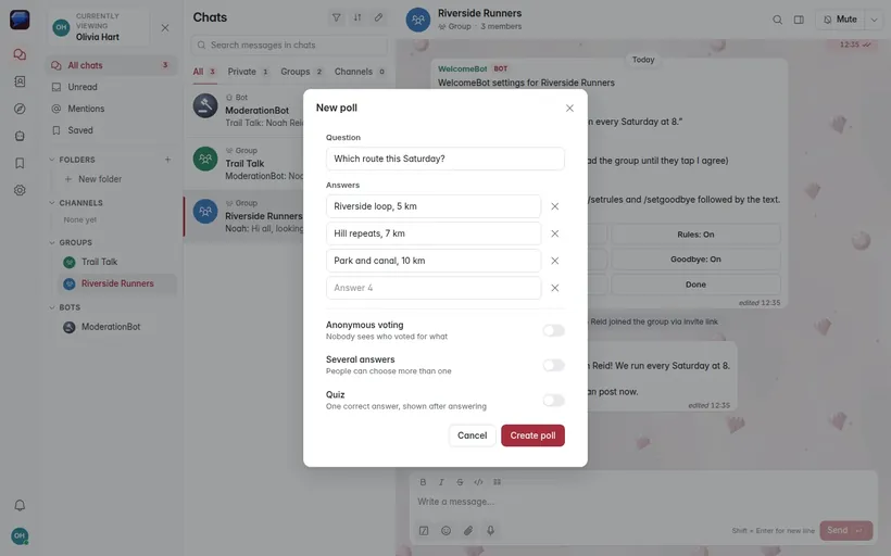 The New poll dialog with a question, three answers and the voting options