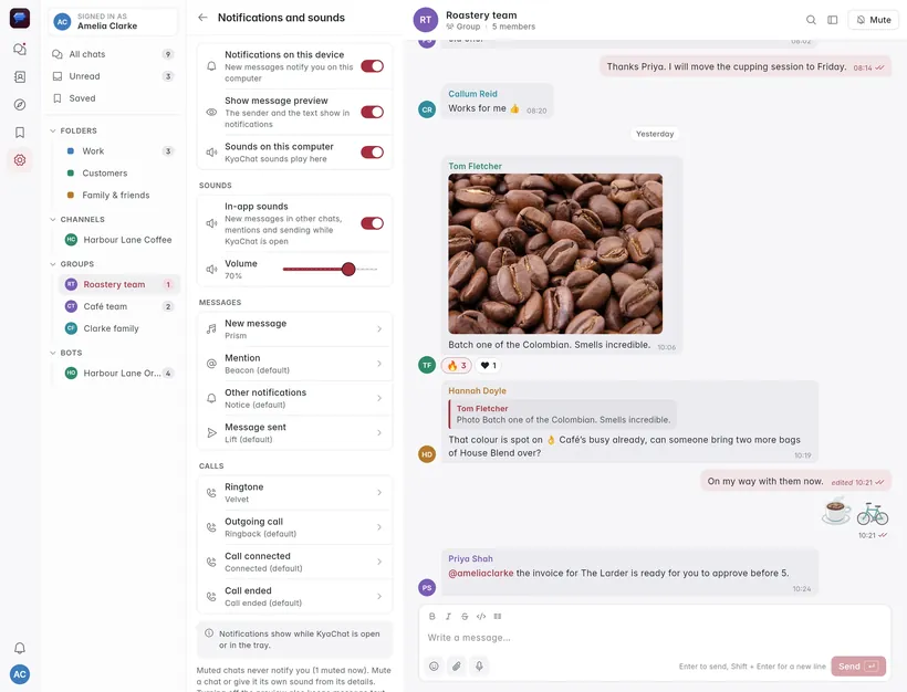 Notifications and sounds in the KyaChat desktop app, next to a group chat