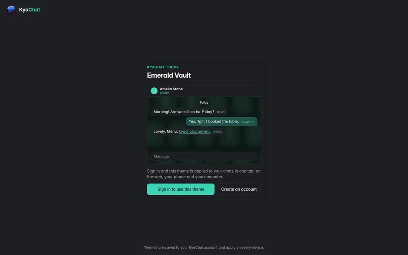 A shared theme link showing the Emerald Vault theme and Sign in to use this theme