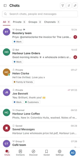 The chat list on a phone with groups, private chats and a channel