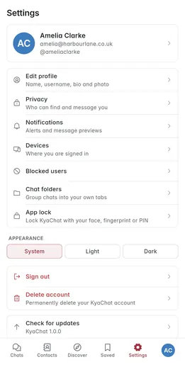 KyaChat settings on a phone with Privacy, Notifications and Devices