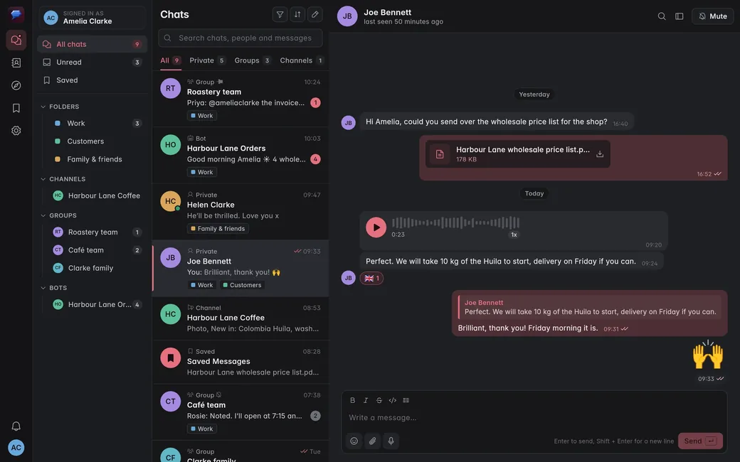 KyaChat on a computer in dark mode, with a chat open