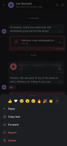 The message menu with reply, forward and delete