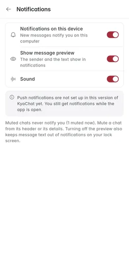 Notification settings with message preview and sound