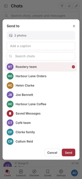 Choosing a chat to share to