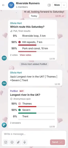 A group chat with a poll’s results and a PollBot quiz