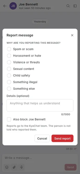 Reporting a message with the list of reasons