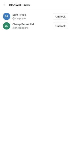 The blocked users list with unblock buttons