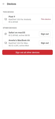 The list of devices signed in to an account, with sign out buttons
