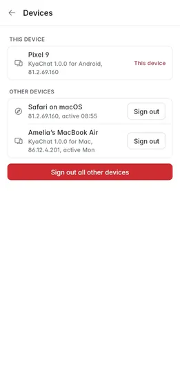 The devices list with this phone and other signed-in devices