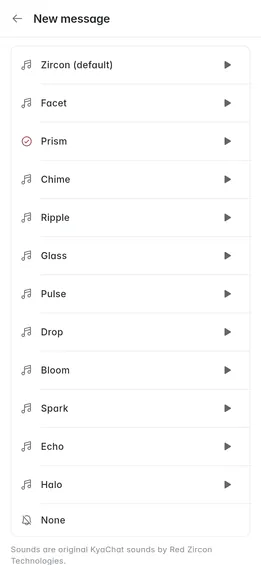 The New message sound list with Zircon as the default