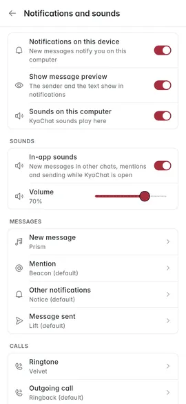 Notifications and sounds in the app, with in-app sounds, volume and the sound for each event