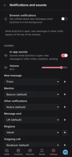 Notifications and sounds with in-app sounds, volume and a sound per event