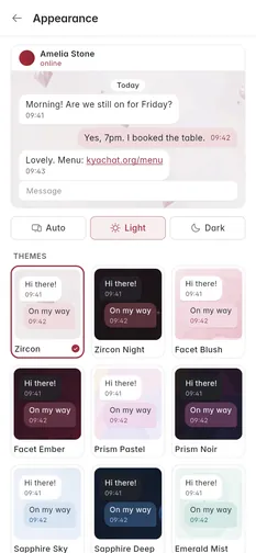 Settings, Appearance on a phone with Auto, Light and Dark and the theme gallery
