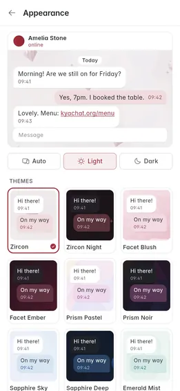 Settings, Appearance with Auto, Light and Dark and the theme gallery