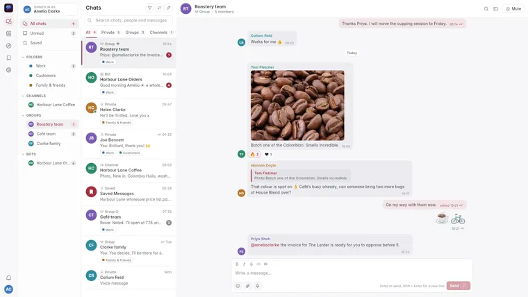 KyaChat for Windows with the chat list, folders and an open group chat