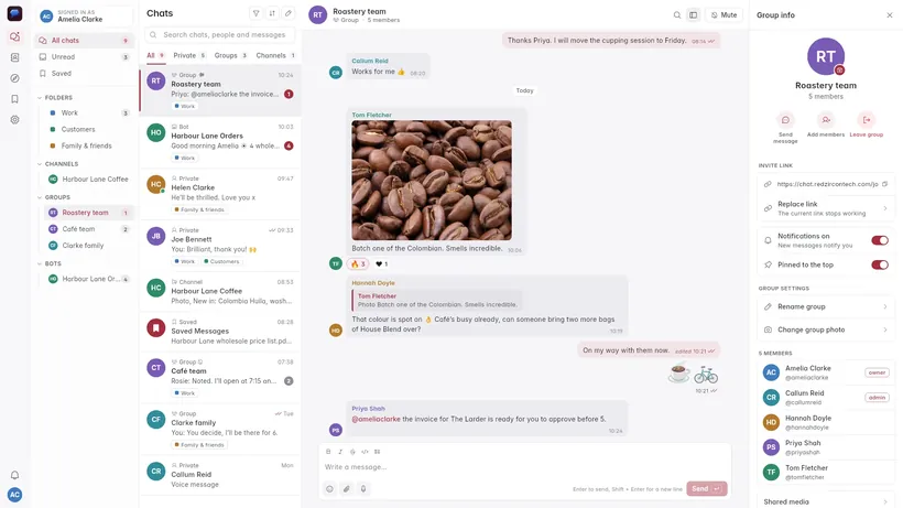 A group chat in KyaChat Web with the details panel open